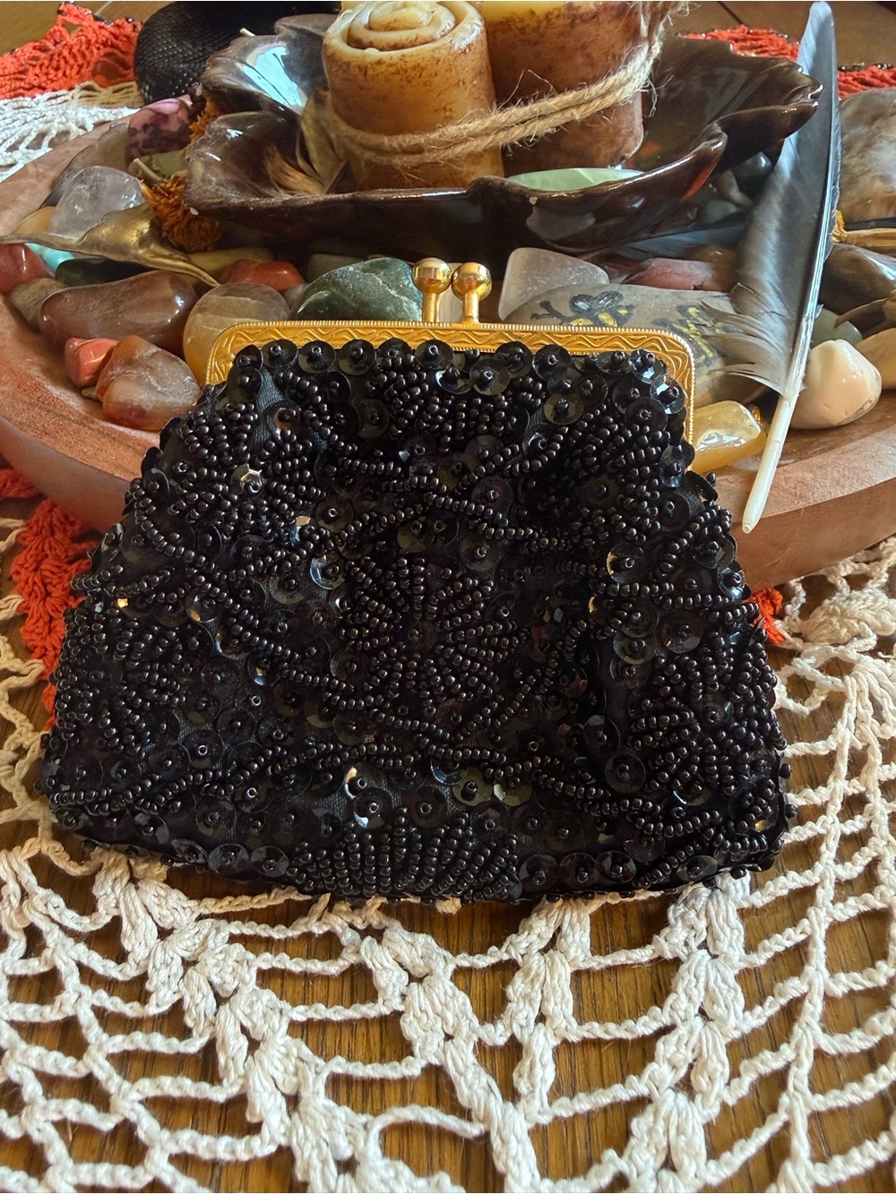 Vintage 1960s JEM Black Beaded Sequin Kiss Lock Coin Purse